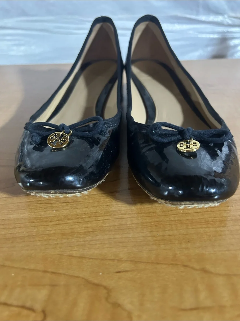 Tory Burch Black Patent Low Block Heel Pumps with Gold Logo